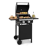 Klarstein Valdosta Gasgrill - mobiler BBQ-Grill mit Zündsystem, Edelstahldeckel mit Thermometer, 7,2 kW: 2 x 3,6 kW Edelstahlbrenner, 450 x 450 mm gusseiserner Grillrost, schwarz