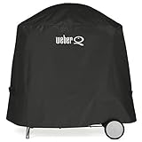 Weber Premium Grillabdeckhaube für Q1000/2000 mit Stand / mit Rollwagen, atmungsaktiv UV- & wasserbeständig, Schutz for Wind & Wetter, mit Klettverschluss zum Befestigen, Grillcover - Schwarz (7120)