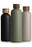 T&N Edelstahl Trinkflasche 1 Liter, Thermosflasche 1l mit Akazienholz Deckel, Isolierte Wasserflasche auslaufsicher bei Kohlensäure, Isolierflasche 1000ml - Olive Green