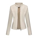 GIBZ Damen Kunstlederjacke, Kurze Slim Bikerjacke mit Reißverschluss, Lässige Mode für Frühling, Herbst und Winter, Beige, X-Small