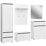 mokebo® Garderoben Set 5-teilig mit Spiegel und Sitzbank 'Die Verstauer', großes Komplettset in weiß für den Flur, Garderoben Set, Garderobenmöbel