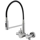 HanCrobiyx Wasserhahn Küche Wandmontage mit 3/4 Zoll Anschluss, Küchenarmatur Wand für Geschirrspüler/Waschmaschine, Wandarmatur mit 3 Strahlarten, 360° Drehbar Flexibler Auslauf, Gebürstetes