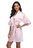 Damen Seide Kurze Bademäntel Leicht Satin Kimono Bademantel Seidig Braut Brautjungfern für Hochzeit Geschenk Nachtwäsche, Pink, 1X