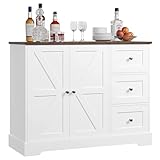 HOCSOK Sideboard, Küchenschrank mit Arbeitsplatte, Buffetschrank mit 3 Schubladen und 2 Türen für Küche, Esszimmer, Wohnzimmer, Weiß & Braun