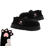 BreWel Cute Cat Paw Cotton Slippers for Women Indoor Outdoor Warm Plush Fluffy Fuzzy Non-Slip Winter Cozy Home Shoes Gift (Black,39-40 EU)