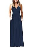 AUSELILY Maxikleid Damen Sommer ärmellos Kleid Lang Elegant tiefem V-Ausschnitt Abendkleid mit Taschen Navy blau L