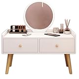 DECORN Waschtischset mit Rundem Spiegel und Lichtern, Makeup Vanity Schminktisch mit 2 Schubladen, Kompakter Schminktisch für Kleine Räume, Schlafzimmer, Erkerfenster,White