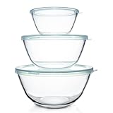 Luvan Glas Rührschüssel mit Deckel 3er-Set (4.2 L,2.5 L,1 L), Große Rund Salatschüsseln für die Küche, ideal zum Aufbewahren von Lebensmitteln, Kochen, Backen, Vorbereiten, Spülmaschinenfest