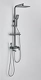 Harnart Schwarz Edelstahl Regendusche Duschsystem Armatur Duscharmatur Komplettset Set Duschstange mit brause Duschkopf mit Schlauch und Halterung 3 Strahlarten, Eckig Kopfbrause Duschset...