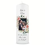 GRAVURZEILE Bedruckte Kerze - Hochzeitsfoto - Personalisierte Kerze mit eigenen Namen, Datum & Foto Bild - Geschenk zur Hochzeit an das Brautpaar - Hochwertige Stumpenkerze Weiß 250/80 mm