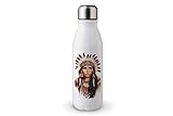 MAXIKIWI Einwandige Wasserflasche mit Schraubverschluss, nicht isoliert, leichtes Aluminium, BPA-frei, auslaufsicher, Motiv: Indianerin, 2-500 ml