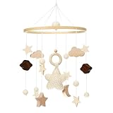 Litimkat Mobile babybett,Mit gehäkelten Sternen, Monden und Wolken hängenden Dekorationen Baby Mobile für das Bett Holz Mobile Baby Windspiel,Geschenk für Baby Mädchen oder Jungen(A), Beige
