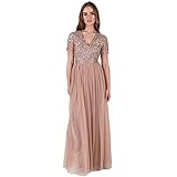 Maya Deluxe Damen Women's Maxi Ladies V-neck Plus Size Ball Gown Short Sleeves Long Elegant Empire Wa Bridesmaid Dress, Taupe Blush, 48 EU