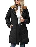 Yuson Girl Winterjacke Damen Wintermäntel Lang Steppjacke Fleece Gefüttert Mantel mit Kapuze Herbst Winter Jacke Winterparka Warm Steppmantel Winddichte Fleecejacke mit Tasche(Schwarz, L)