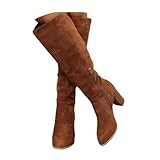 MEECHI Damen Langschaft Cowboy Stiefel Blockabsatz Western Boots Wasserdicht Wildleder Hohe Stiefel Mit Reißverschluss Herbst Winter Schuhe Für Outdoor, Party(Brown,37 EU)