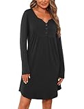 Jahetuul Nachthemd Damen Langarm Nachtwäsche warm Schlafshirt Baumwolle lang Negligee Stillnachthemd mit Knopfleiste locker Schlafkleid Nachthemden