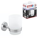 tesa Moon Zahnputzbecher mit Halterung - Becher aus satiniertem Glas, verchromte Wandhalterung - zur Wandbefestigung ohne Bohren, inkl. Klebelösung - 67mm x 95mm x 107mm