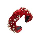 Stirnband Damen Diamond Pearl Denim Stoff Stirnband High Head Haarschmuck Reithelm Tasche (Red, One Size)