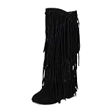 Damen Plus Size Winter Chunky Heel Fringe Boots Inside Booster Mid Length Boots Wide Calf Over Knee Boots for Women, Schwarz , 39.5 EU