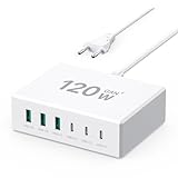 USB C Ladegerät 120W GaN，Mehrfach USB Ladegerät【3USB-C + 3USB-A】 PD Ladegerät, 6 Port USB C Ladestation Kompatibel mit iPhone/Samsung/Google/Tablet/Mobil Power und Anderen USB Geräten (Weiß)