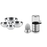 WMF Gourmet Schüsselset 4-teilig & Küchenminis 1-Ei-Eierkocher MyEgg mit Eierbecher, platzsparender Eierkocher 1 Ei, Stecker, Härtegradeinstellung, Überhitzungsschutz, 56 W, cromargan matt