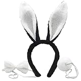 Hasenohren Haarreif Set, FUKPO Hasen Ohren Haarreifen Plüsch Hasenohren Stirnband Haarbänder Fliege Schwanz, Kaninchenohren Haarreif Ostern Bunny Kostüm Party Kinder Erwachsene(Weiß Schwarz)