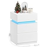 VASAGLE Nachttisch mit LED-Beleuchtung, Beistelltisch, einstellbare Farben, Sofatisch 3 Schubladen, Nachtschrank Schlafzimmer, modern, 35 x 40 x 55 cm, weiß LET630T10