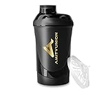 AMITYUNION Eiweiss Shaker Deluxe 800 ml BPA frei, auslaufsicher, mit Sieb & Skala für Cremige Protein Shakes, Gym Fitness Becher für Isolate & Sport Konzentrate, Protein Shaker, Schwarz Goldenes Logo