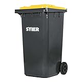 STIER 2-Rad-Müllgroßbehälter, Mülltonne, Volumen 240 Liter, Mülleimer, Tonne Grau, Deckel Gelb, Größe: 576x720x1067 mm, Restmülltonne mit Rädern und Deckel