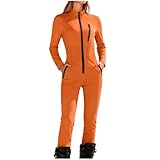 Skianzug Damen Ohne Kapuze Reißverschluss - Schneeanzüge Für Damen Schmale Passform Wandern, Einteiler Radfahren Sport, Skioverall Outdoor Fashion Orange M