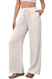 NONSAR Hose Damen Baumwoll Freizeithose mit Kordelzug Leinenhose Elastischem Bund Casual Loose Fit Hosen Frauen Weitem Bein mit Taschen Leicht Einfarbig Hosen Musselin Strandhose(9377Beige,L)