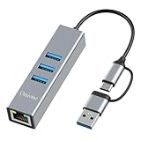 USB Type-C auf Ethernet Adapter, USB 3.0 Hub mit 1000 Mbit/s Gigabit RJ45 LAN Netzwerkadapter, USB-C auf Ethernet Adapter mit 3 USB 3.0 Anschlüssen für MacBook XPS Surface Pro Linux Chromebook usw