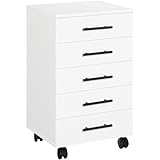 HOOBRO Aktenschrank, Rollcontainer mit 5 Schubladen, Büroschrank, Kommode Aufbewahrungsschrank, Industrie Stil Einfache Montage Rustikal, Weiß EWT05WJ01G1