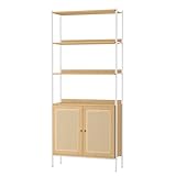 VASAGLE Bücherregal 6 Ebenen, Regal hoch, Standregal, Türen in Rattan-Optik, Boho-Stil, Metallrahmen, Verstellbarer Einlegeboden, für Wohnzimmer, eichenbeige-perlweiß LLS124W57