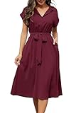 Cassiecy Strandkleid Damen Knielang Kurzarm Blusenkleid Elegant V-Ausschnitt Midikleid Casual Wickelkleid Sommerkleid mit Taschen（M,Weinrot）