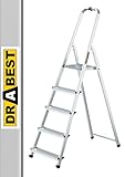 DRABEST Trittleiter klappbar Aluleiter 5 Stufen mit Ablage Stufenleiter Haushaltsleiter Belastbar bis 125 kg Stehleiter kostenloser Haken