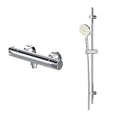 Set für Dusche: Brausethermostat& Duschset|Brauseset: Handbrause, Duschstange und Thermostat|Duschset und Duschthermostat, rund|Duscharmatur mit Thermostat für Badezimmer und Brauseset|F408TA46,Chrom