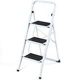 3 Stufen Klappleiter, Trittleiter mit 20x30cm Anti-rutsch Stufen, Metal Step Ladder mit Handlauf und rutschfeste Füßen, Belastbar bis 150 kg