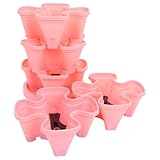 Kisangel Stapelbarer Vertikaler Pflanzturm für Garten mit Wetterfesten Kunststoff Töpfen 73X33X33cm Rosa mit Rollen Erdbeer und Kräuterturm für Terrasse und Balkon