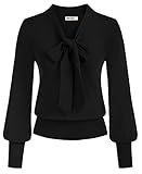 Damen Pulli für Frauen Fliege Hals Langarm Büro Bluse Casual Shirt Elastisch Vintage Retro Sweatshirt Schwarz XXL