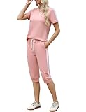 Aottori Jogginganzug Damen Set Rundhals Kurze Ärmel Trainingsanzug Zweiteiler Elegant Hausanzug Freizeitanzug Sportanzug 2 Teiler Sommer Outfits Rosa XXL