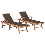 JUNZAI Sonnenliegen 2 STK. mit Auflagen, Liegestuhl, Gartenliege, Relaxliege, Balkonliege, Liegen, Sun Lounger, Freizeitliege, Sommer Liegen, Gartenmöbel, Taupe Massivholz Teak