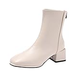 Lederstiefel, Blockabsatz, Stiefeletten für Damen, quadratischer Zehenbereich, mittelgroß, klobiger Rücken, Reißverschluss, Chelsea-Stiefel, klassische Lederstiefel, niedrig, mittelhoch, Blockabsatz