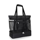 VerLuky Strandtasche Schwarz XXL Familie mit Kühlfach Reißverschluss 44 * 45 * 21cm,Strandtasche Groß Damen,Große Beach Bag für Travel Strand Pool,Schwimmbadtasche Duschtasche
