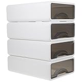 iplusmile 4 Stück Stapelbare Aufbewahrungsboxen mit Schubladen aus Robustem Kunststoff Kompakt und Platzsparend Organizer für Schreibtisch Kosmetik und Kleinteile Weiß Transparent