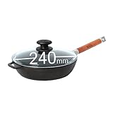 BIOL Tiefe gusseiserne Pfanne mit Glasdeckel abnehmbarem Holzgriff, 24cm, Induktion, hohe Qualität, universelle Pfanne, Braten, Schmoren, einfaches Kochen
