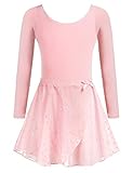 Arshiner Ballettkleidung Mädchen Baumwolle Ballettkleid Balletttrikot Kinder Langarm Tanzkleid Tanzbody mit Chiffon Rock Tütü Rosa 130