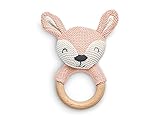 Jollein Holz Beißring Baby Deer Pale Pink - Hirsch - Holzspielzeug - Baby Rassel Greifling - Gestrickte Baumwolle - Zahnungshilfe - Baby Spielzeug - Rosa