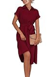 SWOAMER Damen Blusenkleid Knielang Kurzarm Sommerkleid Elegant V-Ausschnitt Midikleid Casual Sommer Kleider Partykleid Hemdkleid Rosarot L