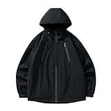 duxyoz Damen Outdoorjacke mit Kapuze, Softshell-Jacke, leicht, atmungsaktiv, Windbreaker, Wandern, Walking, Freizeitjacke, langärmelig, Kordelzug, locker, warmer Wintermantel, 02 Schwarz, L